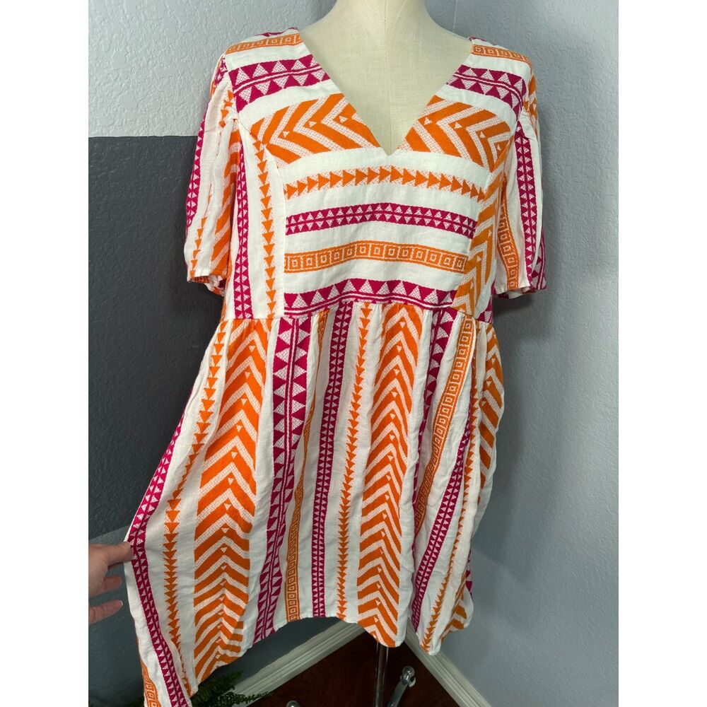 Old Navy Jacquard Mini Swing Dress Large Pink Orange Geometric Aztec Boho Folk - Picture 12 of 14